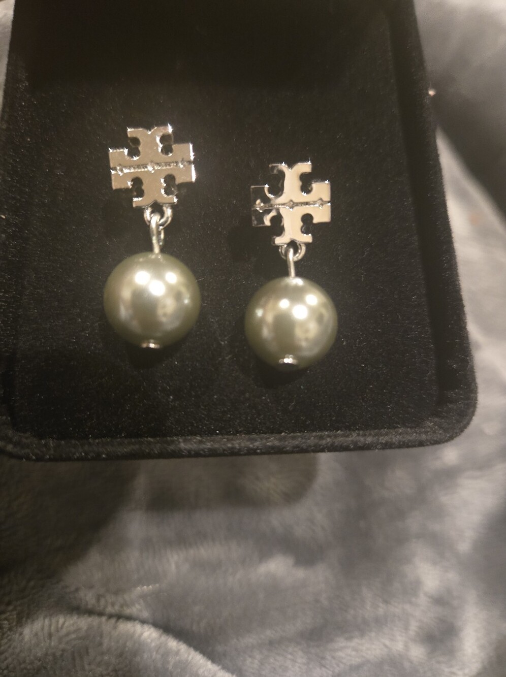 Silver Logo Drop Earrings with Green Pearls